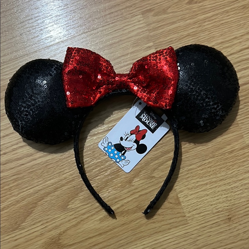Disney Black Sequin Ears with Red Bow Headband